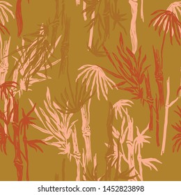 Summer botanic wallpaper with bamboo stems.  Jungle pastel brown seamless pattern. Vector illustration.