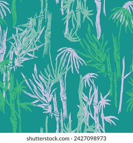 Summer botanic wallpaper with bamboo stems.  Exotic pastel green seamless pattern. Vector illustration.