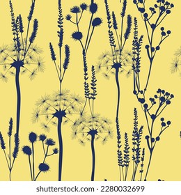 Summer botanical background. Silhouettes of meadow herbs, leaves and plants. Trendy modern style. Flat design. Good for fabric and textile, any coverage.