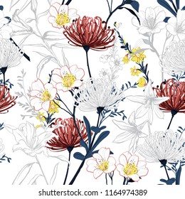 Summer botanical blooming garden flowers unfinished line drawing seamless pattern vector design for fashion,fabric,wallpaper,and all prints on white background color