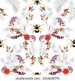 Summer botanical blooming garden flowers unfinished line drawing with stylish bees seamless pattern vector design for fashion,fabric,wallpaper,and all prints on white background color 
