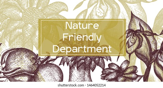 Summer botanical design. Hand drawn flowering trees background. Vintage Botanical illustration. Greeting card or invitation template. Garden plant drawings. Vector outlines.