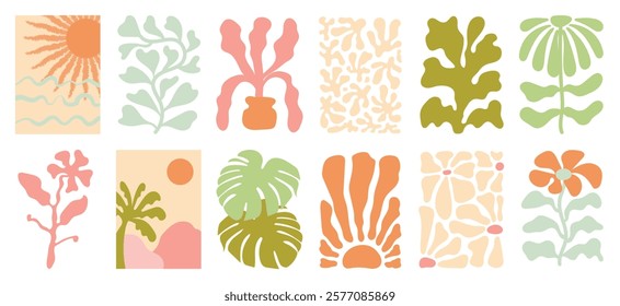 Summer botanical doodle background art vector set. Hibiscus flower, coconut tree, monstera leaf, sea. Abstract shape doodle art design for print, wallpaper, clipart, wall art for home decoration.