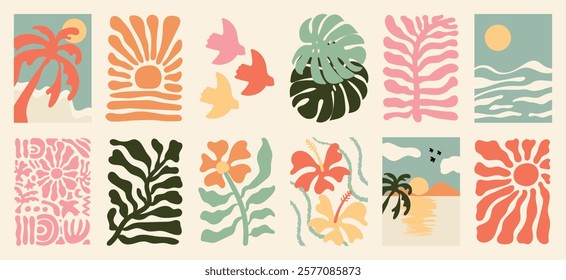 Summer botanical doodle background art vector set. Hibiscus flower, coconut tree, monstera leaf, sea. Abstract shape doodle art design for print, wallpaper, clipart, wall art for home decoration.