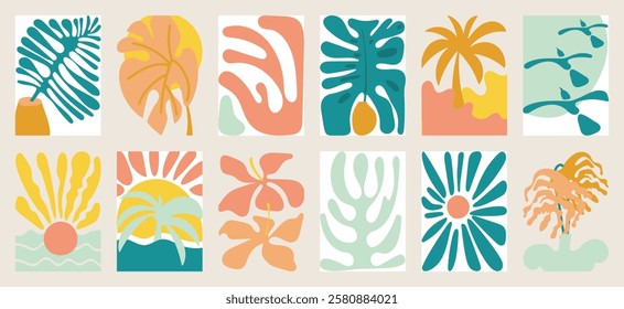 Summer botanical doodle background art vector set. Hibiscus flower, coconut tree, monstera leaf, sea. Abstract shape doodle art design for print, wallpaper, clipart, wall art for home decoration.