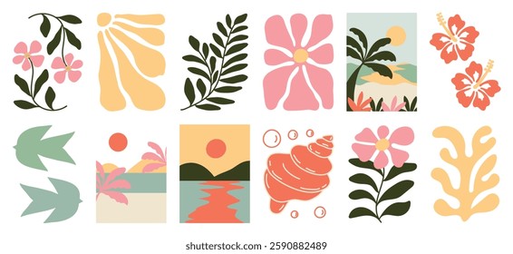 Summer botanical doodle background art vector set. Hibiscus flower, coconut tree, mountain, sea, shell. Abstract shape doodle art design for print, wallpaper, clipart, wall art for home decoration.