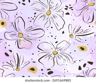 Patrón floral botánico de verano. Flores Abstractas, manchas rosas y azules, piel de leopardo. Diseño esquemático con contornos negros y pinceladas pastel. Fondo inconsútil para la tela, Fondo de pantalla, Anuncio