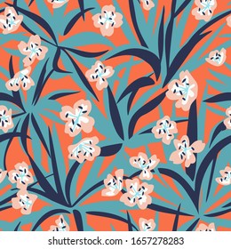 Summer botanical  garden mixtures with plants such as aloe leaves, flower heads and cactus. Decorative floral seamless pattern. Trendy flat design. Silhouettes and cut out style technique.