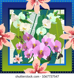 Summer botanical garden. Squared silk scarf with orchids, palm leaves and blooming tropical flowers on green background. Aloha textile collection.