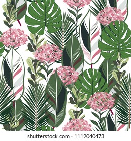 Summer botanical jungle leaves pattern, tropical seamless, hydenyear flower for fashion fabric and all prints on white background in vector