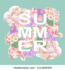 Summer botanical pattern with tulips and peonies flowers.Background for Poster, Banner, Wedding Invitation, Greeting Card.