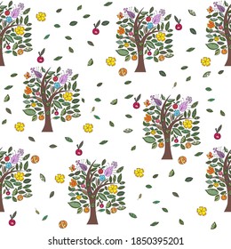patrón botánico sin costuras de verano. Flores de hojas estilizadas, flores y frutas. Tema de ecología, medio ambiente, protección de la naturaleza. Para papel, cubiertas, tejidos