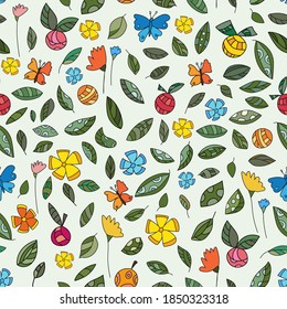 summer botanical seamless pattern. Flowers, leaves stylized apples and butterflies. Theme of ecology, environment, nature conservation. For paper, covers, fabrics