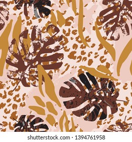 Summer botanical seamless pattern: grunge marble tropical leaves, leopard fur coat, zebra stripes animal skin print. Hand drawn background for fabric, surface, wrapping design. Vector art illustration