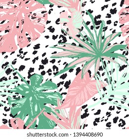 Summer botanical seamless pattern: tropical leaves, leopard fur coat, animal skin print in pastel colors. Hand drawn background for fabric, surface, wrapping design. Vector line art illustration