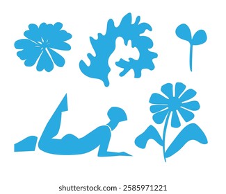 Summer botanical set with abstract floral design elements. Tropical flowers nature, plants and woman figure enjoying sunset beach. Abstract shapes leaves doodle art decoration. Isolated. Vector