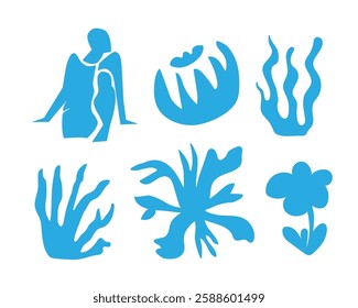 Summer botanical set with abstract floral design elements. Tropical flowers nature, plants and woman figure enjoying sunset beach. Abstract shapes leaves doodle art decoration. Isolated. Vector