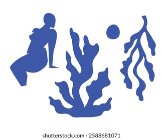 Summer botanical set with abstract floral design elements. Tropical Silhouettes of Birds, flowers, plants and woman figure enjoying sunset on nature. Abstract shapes leaves flat art. Isolated. Vector