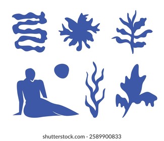 Summer botanical set with abstract floral design elements. Tropical Silhouettes of Birds, flowers, plants and woman figure enjoying sunset on nature. Abstract shapes leaves flat art. Isolated. Vector