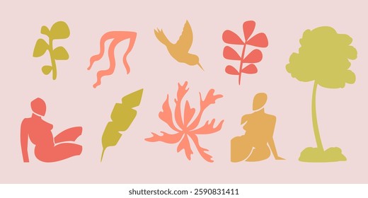Summer botanical set with abstract floral design elements. Tropical Silhouettes of Birds, flowers, plants and woman figure enjoying sunset on nature. Abstract shapes leaves flat art. Isolated. Vector