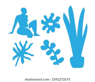 Summer botanical set with abstract floral design elements. Tropical flowers nature, plants and woman figure enjoying sunset beach. Abstract shapes leaves doodle art decoration. Isolated. Vector