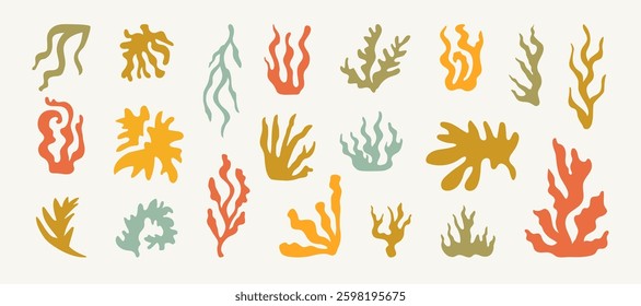 Summer Botanical Set With Abstract Floral Design Natural Elements. Tropical Silhouettes Of Flowers And Plants Collage. Abstract Spring Natural Organic Shapes Leaves Flat Application. Isolated. Vector
