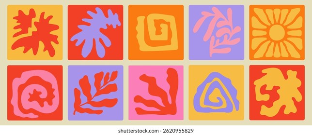 Summer Botanical Set With Abstract Floral Design Natural Elements. Tropical Wavy Groovy Silhouettes Flowers Collage. Spring Vacation Organic Organic Shapes Leaves Flat Application. Isolated. Vector