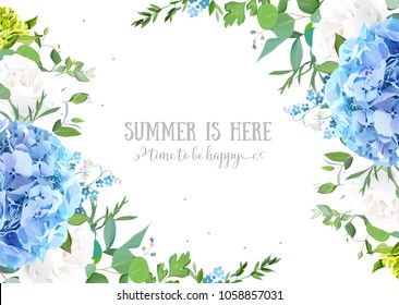 Summer botanical vector design banner. Light blue hydrangea, white rose, forget me not wildflowers, eucalyptus and herbs. Natural card or frame. Floral borders. All elements are isolated and editable