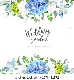 Summer botanical vector design banner. Light blue hydrangea, white rose, forget me not wildflowers, eucalyptus and herbs. Natural card or frame. Floral borders. All elements are isolated and editable