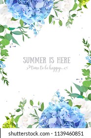 Summer botanical vector design banner. Light blue hydrangea, white rose, forget me not wildflowers, eucalyptus and herbs. Natural card or frame. Floral borders. All elements are isolated and editable
