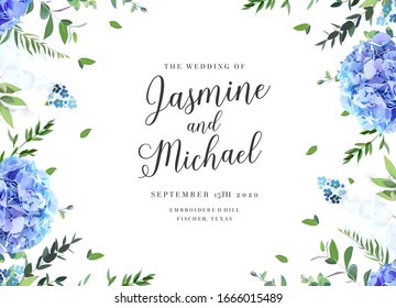 Summer botanical vector design banner. Light blue and white hydrangea, forget me not wildflowers, eucalyptus and herbs. Natural card or frame. Floral borders. All elements are isolated and editable