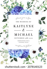 Summer botanical vector design banner. Light blue and purple hydrangea, white anemone, thistle, eucalyptus and herbs. Natural card or frame. Floral borders. All elements are isolated and editable