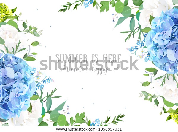 Banner Estivi Con Disegno Botanico Vettoriale Ortensia Azzurra Rosa Bianca Non Dimenticarmi Fiori Di Campo Eucalipto Ed Erbe Aromatiche Carta Naturale O Cornice Bordi Floreali Tutti Gli Elementi Sono Isolati E Modificabili