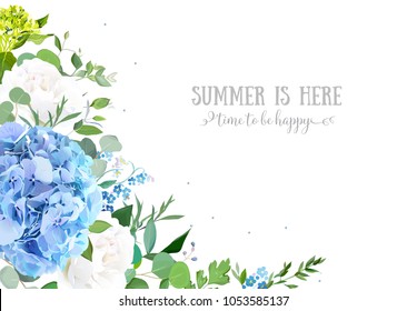 Summer botanical vector design card.Light blue hydrangea, creamy white rose, forget me not wildflowers, eucalyptus and herbs.Natural card or banner.Summer mood. All elements are isolated and editable