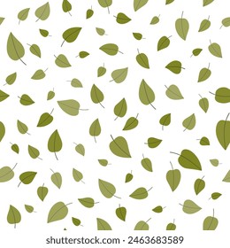 Summer botanical vector illustration. Monochrome green seamless pattern. Many birch green leaves on white background. Soft nature colors. Background decorative elements for design projects