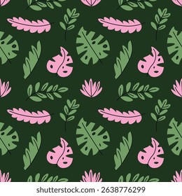 Summer botany seamless pattern with leaves, palms. Plant botanical vector background, wallpaper with bushes, tropical tree branches for scrapbooking, textiles. 
