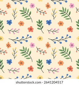 Summer botany seamless pattern with leaves, branches, flowers, berries. Plant botanical vector background, wallpaper for scrapbooking, textiles. Flat simple hand drawn style.
