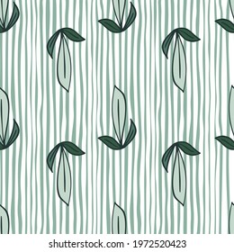 Summer botany seamless pattern with outline leaf silhouettes. Striped background. Perfect for fabric design, textile print, wrapping, cover. Vector illustration.