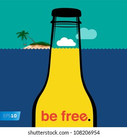 Summer bottle in the sea, vector Eps10 illustration.