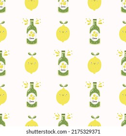 Summer bottled lemonade with juice splashes and cute smiling lemon character. Vector seamless pattern.