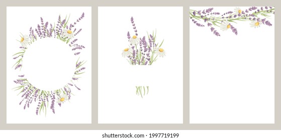 Summer bouquet. Birthday or Wedding cards. Vector design element, wreaths of lavender and chamomile, medicinal herbs.	