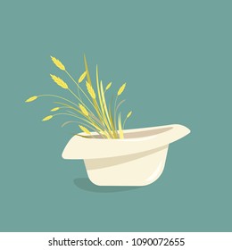 Summer bouquet with ears of wheat, barley or rye and blades of grass in white panama hat.  Vector illustration. Green and yellow colors. Nature holiday card
