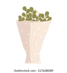 Summer bouquet with eucalyptus. Eucalyptus branches packed in craft paper. Vector illustration in cartoon style. Isolated white background.