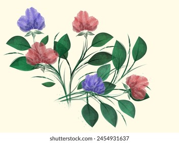 Sommerstrauß aus fünf roten und blauen Blüten mit Blütenblättern, bemalt mit Aquarellbürsten. Vektorgrafik gruppierte Abbildung auf hellem Hintergrund.
