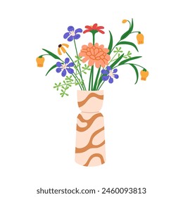 Ramo de verano, arreglo floral en jarrón. Mezcla de flores de campo florecidas, flores de prado, ramo de flores silvestres. Decoración natural. Un regalo amable. Ilustración vectorial plana aislada sobre fondo blanco