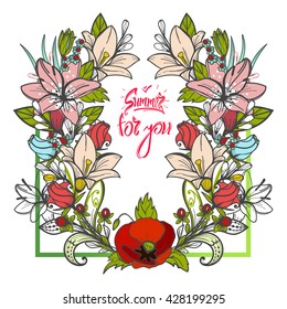Summer bouquet of flowers Lilies, roses, poppies on white background assembled in a circular wreath. Summer, spring concept Design.Isolate on white.Vector illustration