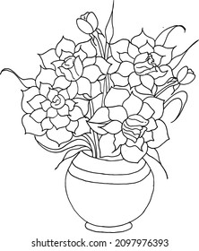 Summer bouquet of gorgeous garden flowers in a vase, vector cartoon image in black and white for a coloring book page