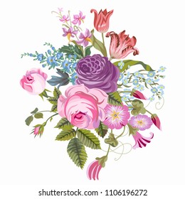 Summer bouquet with roses, convolvulus, tulips isolated on a white background. Vector illustration