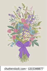 Summer bouquet. Rustic. Meadow and garden flowers. Vector vintage illustration. 