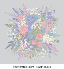 Summer bouquet. Rustic. Meadow and garden flowers. Vector vintage illustration. Pastel color